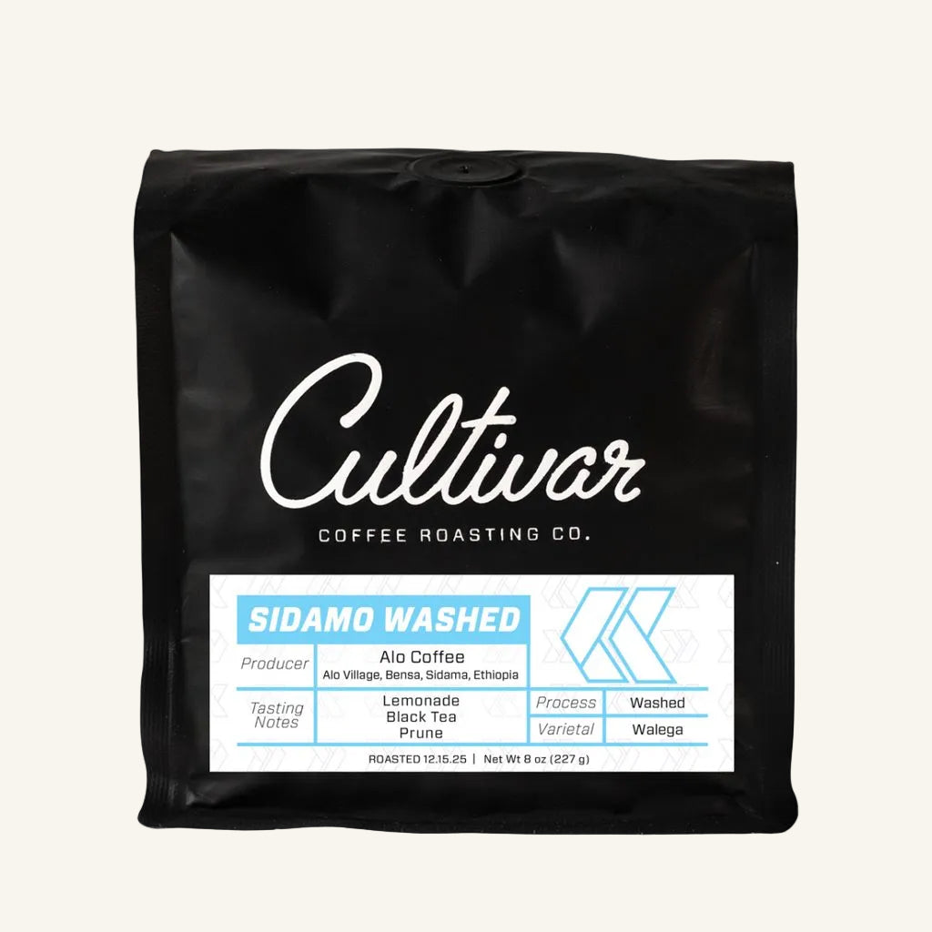 Retail bag of Cultivar Coffee Roasting Co.'s Ethiopia Sidamo Washed freshly roasted coffee beans